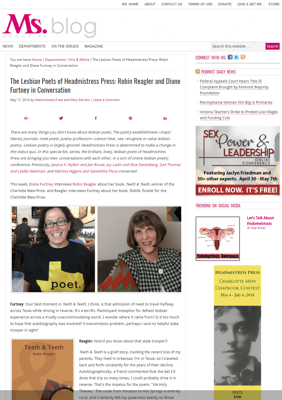The Lesbian Poets of Headmistress Press Robin Reagler and Diane Furtney in Conversation Ms Magazine Blog